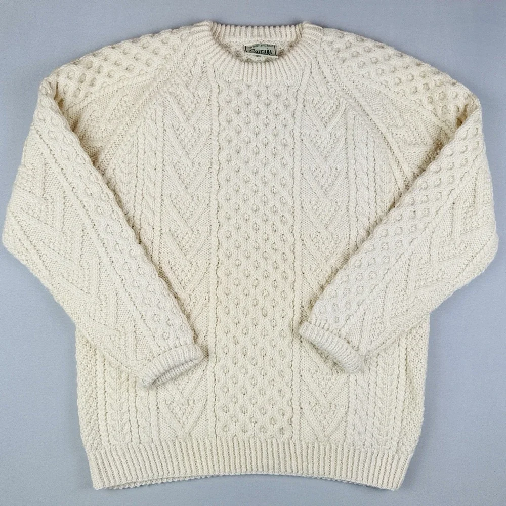Vintage Carraig Donn Merino Wool Irish Fisherman Cable Knit Sweater L Ireland